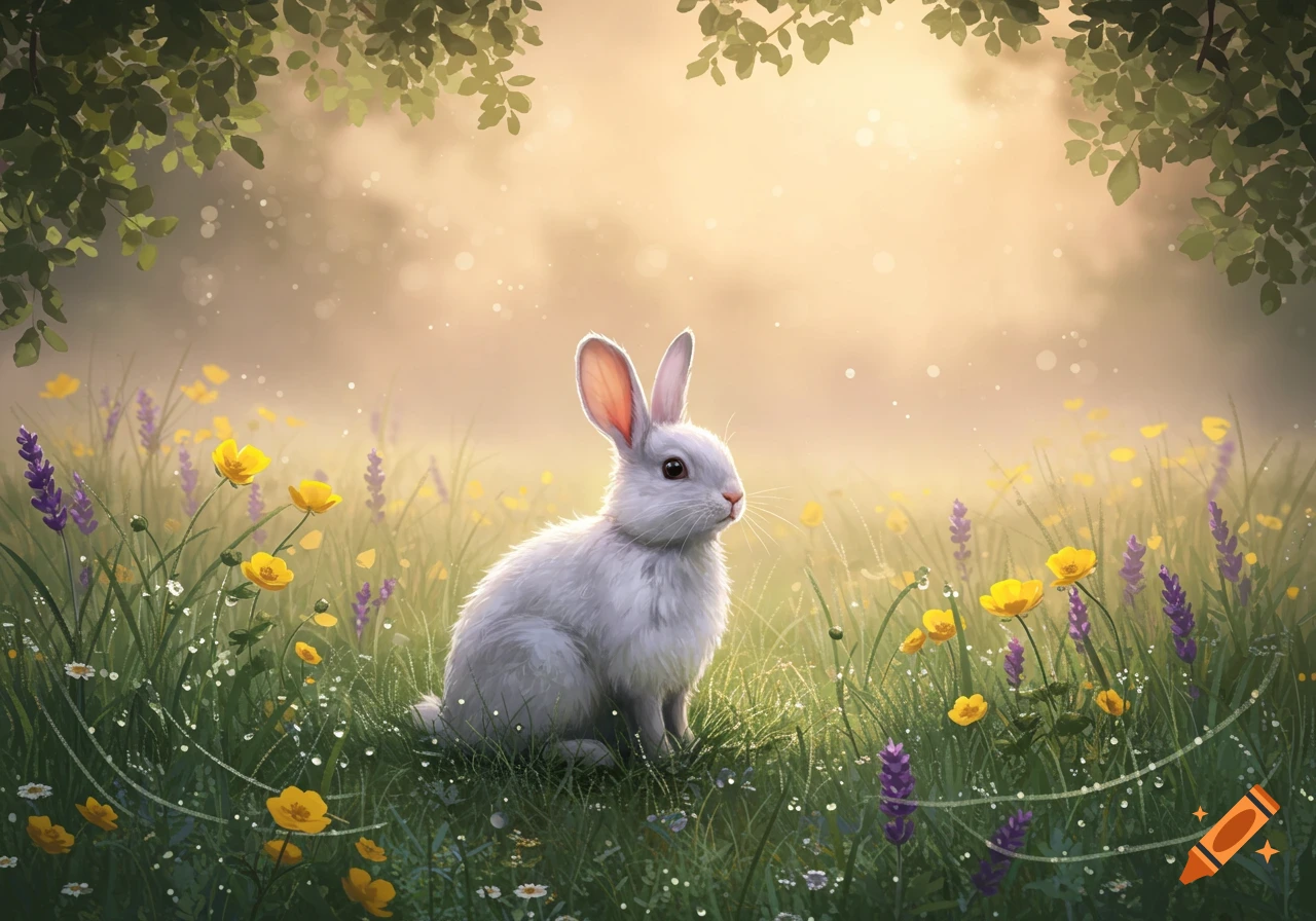 A white rabbit sits in a sunlit field of green grass with yellow and purple flowers, under a canopy of trees.