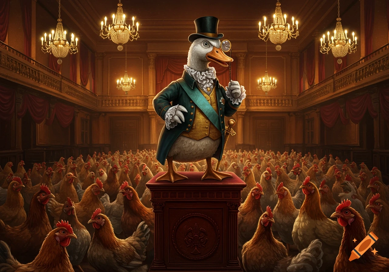 A dapper duck in a top hat and suit stands on a podium, addressing a large crowd of chickens in a grand Victorian hall with chandeliers.