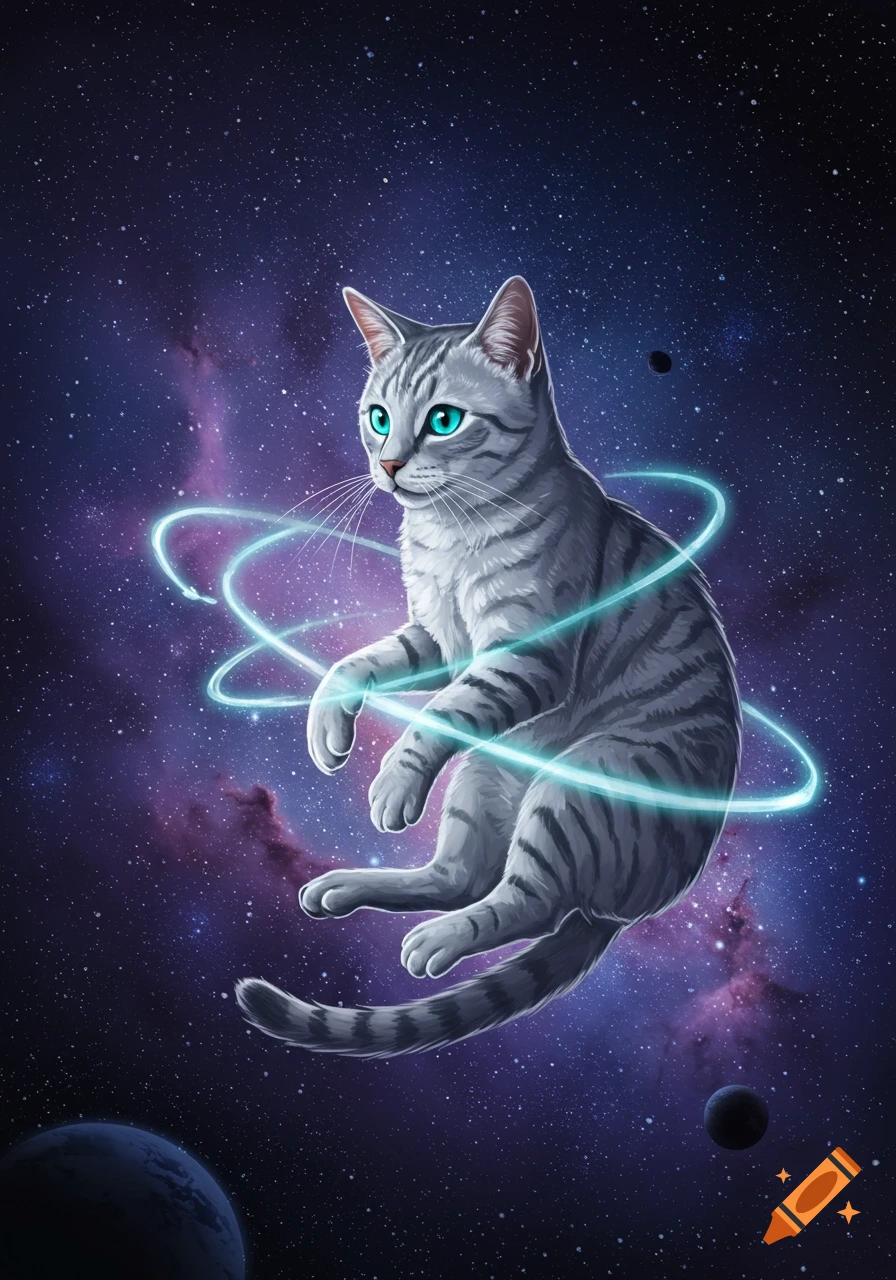 A grey tabby cat with bright blue eyes floats in deep space, encircled by glowing light rings, with nebulae and planets in the background.