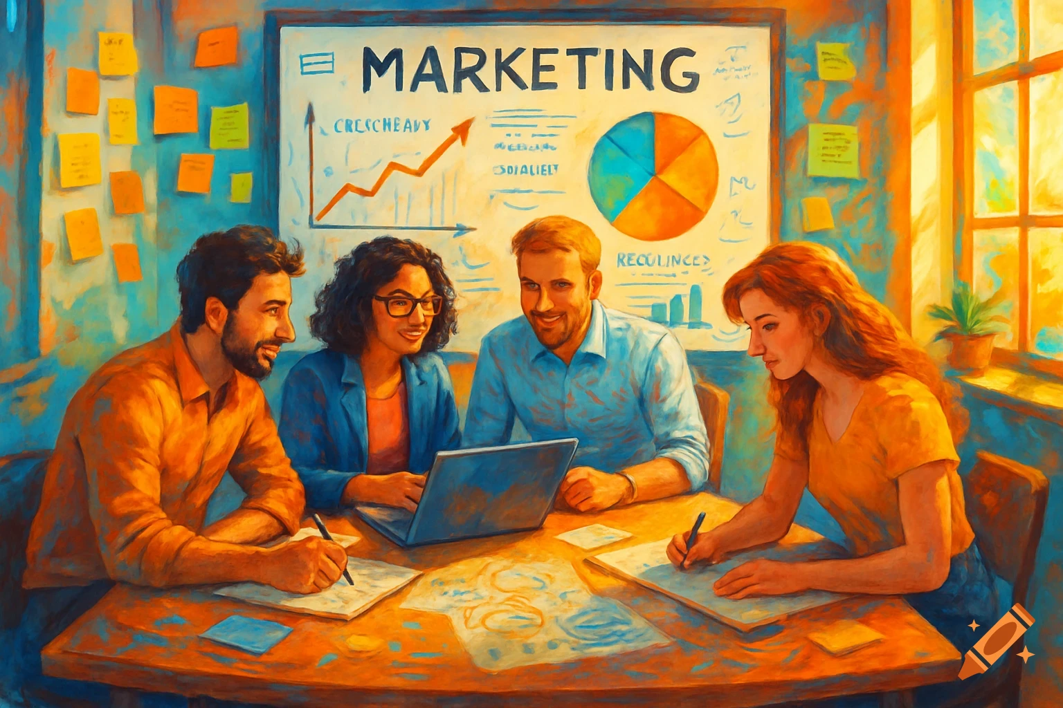 A team of four marketing professionals collaborate around a table with a laptop, charts, and sticky notes in a vibrant, painterly style.
