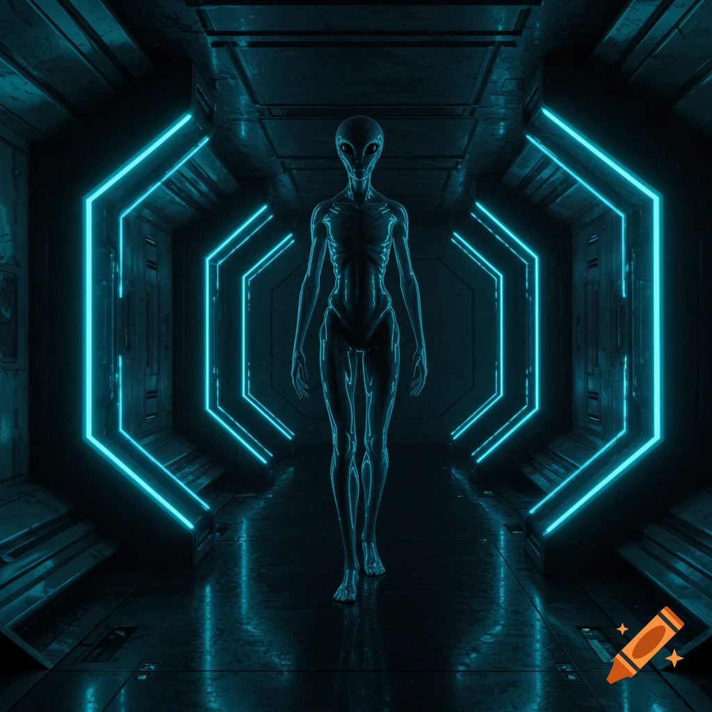 A photorealistic alien with a translucent, skeletal body stands in a dark futuristic hallway with glowing blue hexagonal lights.