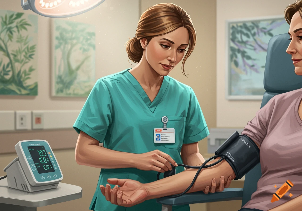 A nurse in teal scrubs measures a patient's blood pressure with a cuff in a brightly lit medical examination room.