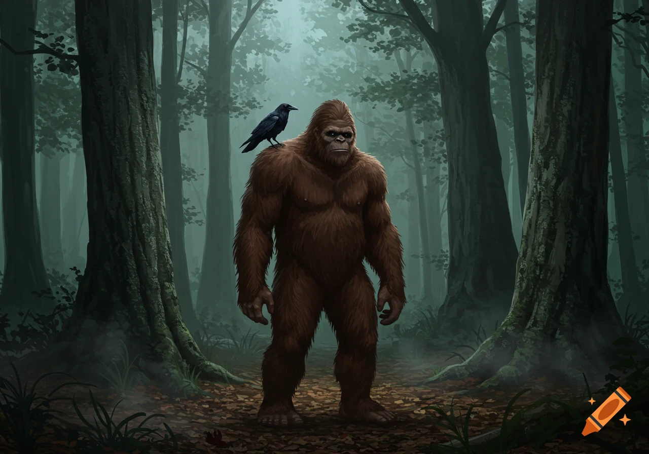 A large, furry brown Bigfoot stands in a misty forest with a black crow perched on its shoulder.