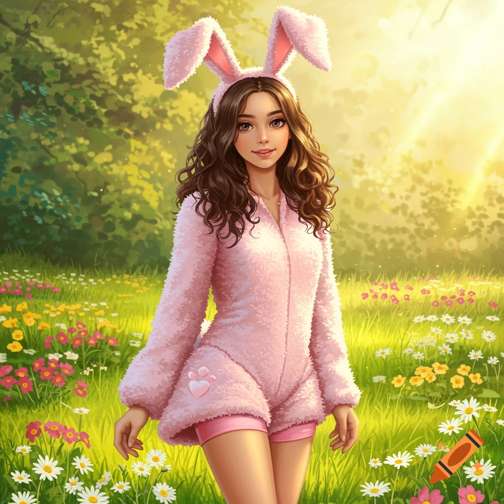 A young woman with curly brown hair wearing a pink fluffy bunny costume with a heart and paw print, standing in a sunny wildflower field.