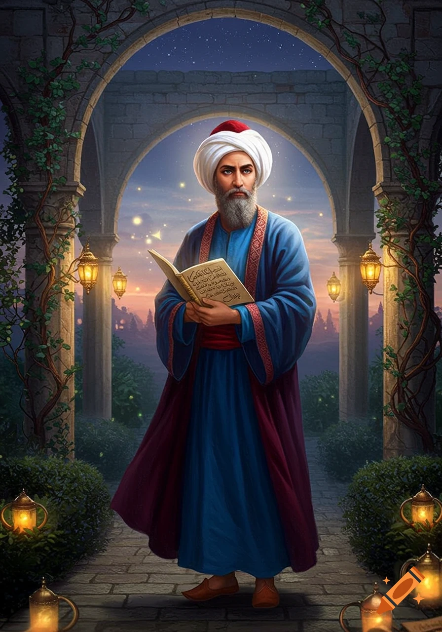 A man resembling Rumi in blue and red robes and a white turban holds an open book under a stone archway at night, with glowing lanterns and stars.