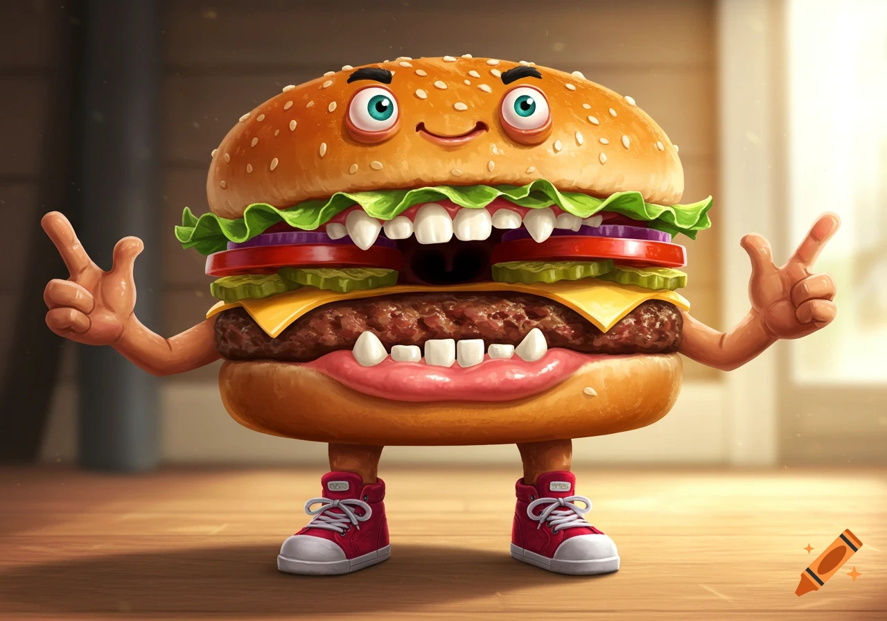 A playful cartoon anthropomorphic hamburger with large eyes, sharp teeth, two mouths, hands giving peace signs, and red sneakers.