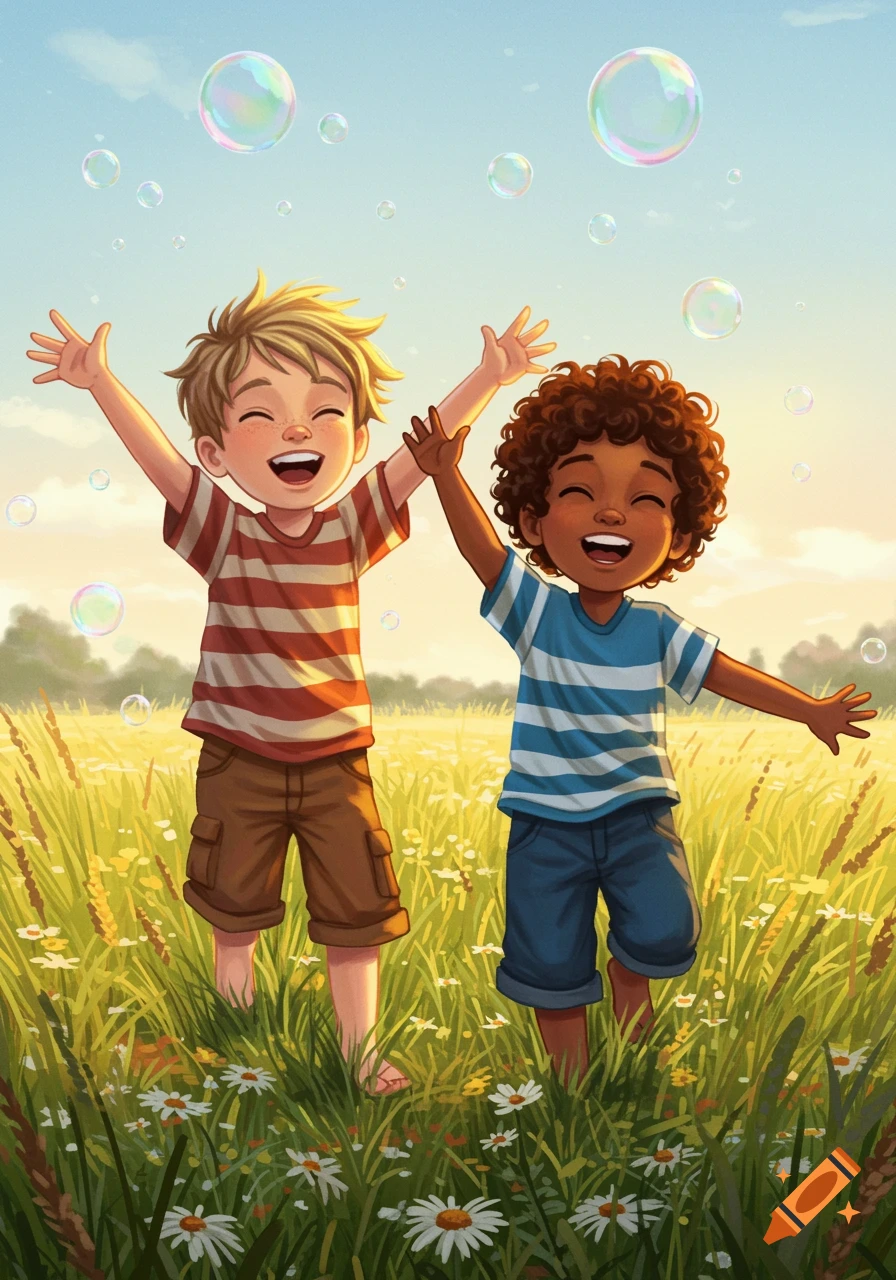 Two joyful boys in a sunny field, arms raised, surrounded by floating bubbles in an illustrative style.