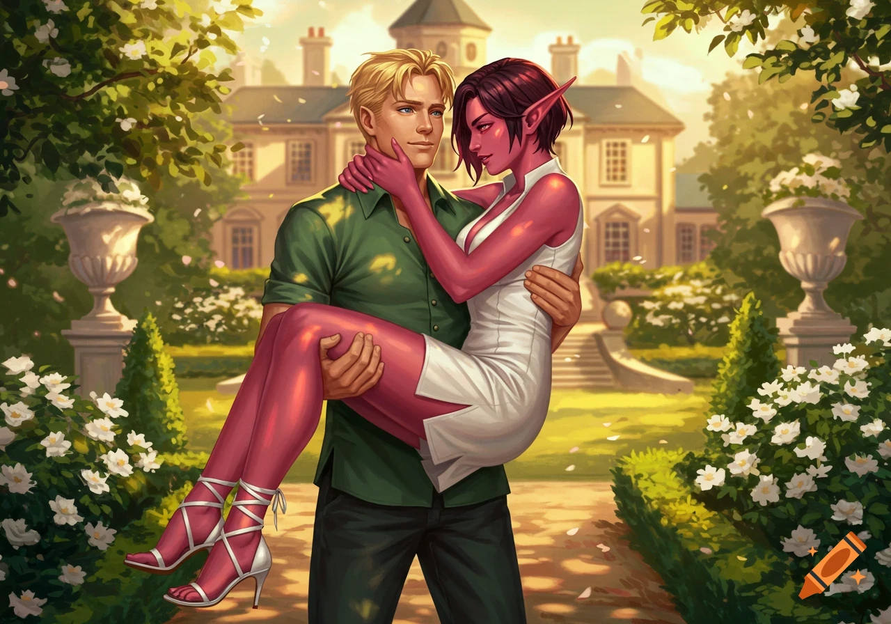 An illustrated fantasy image of a blonde man carrying a red-skinned elf woman in a garden with a manor in the background.