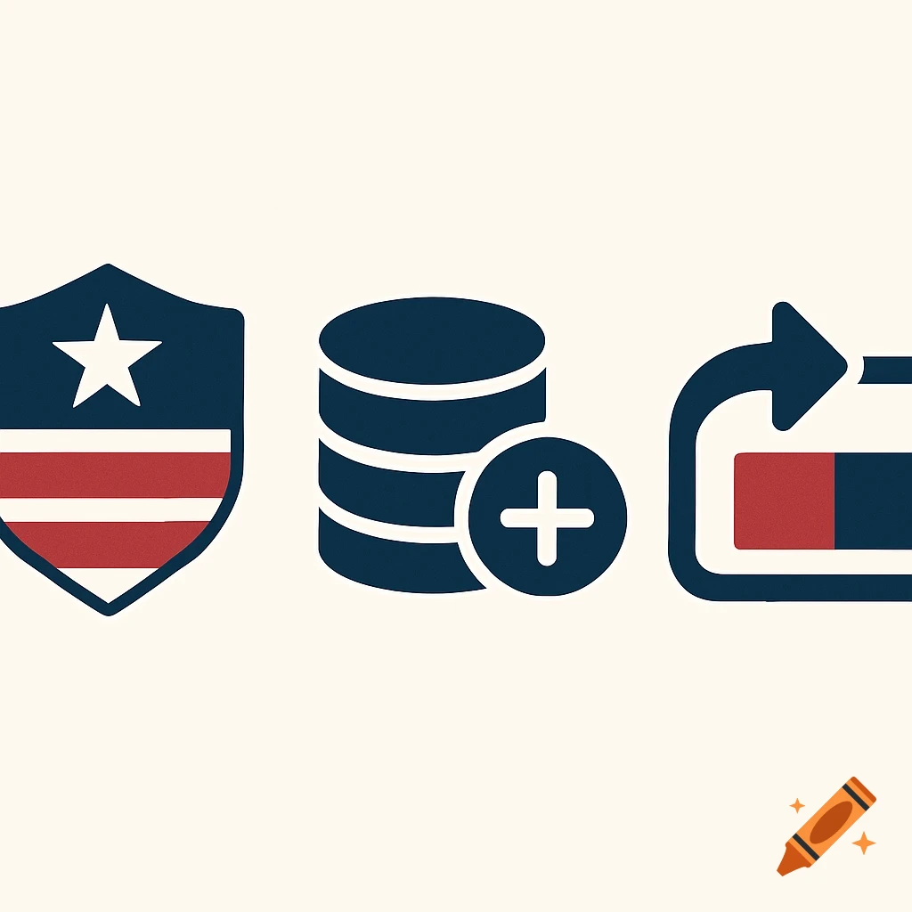 Vector art icons: a shield with US flag colors, a database with a plus sign, and a progress bar with a curved arrow.