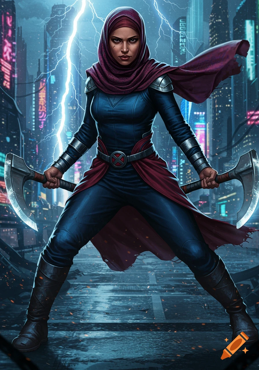 A female superhero in a blue suit, red hijab, and cape stands in a futuristic city holding two axes, with lightning in the background.