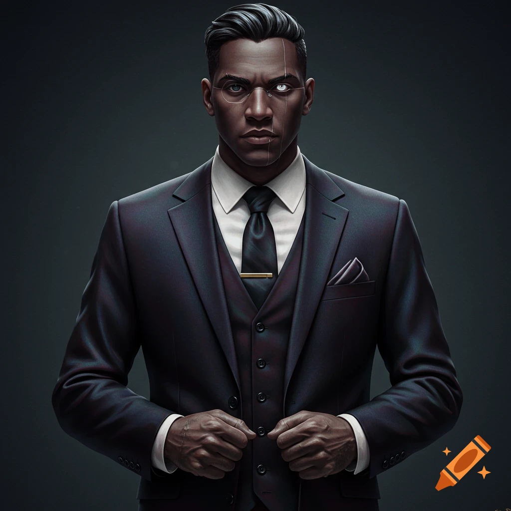 A photorealistic portrait of a dark-skinned man in a dark suit with one geometric eye and faint facial lines, buttoning his vest.
