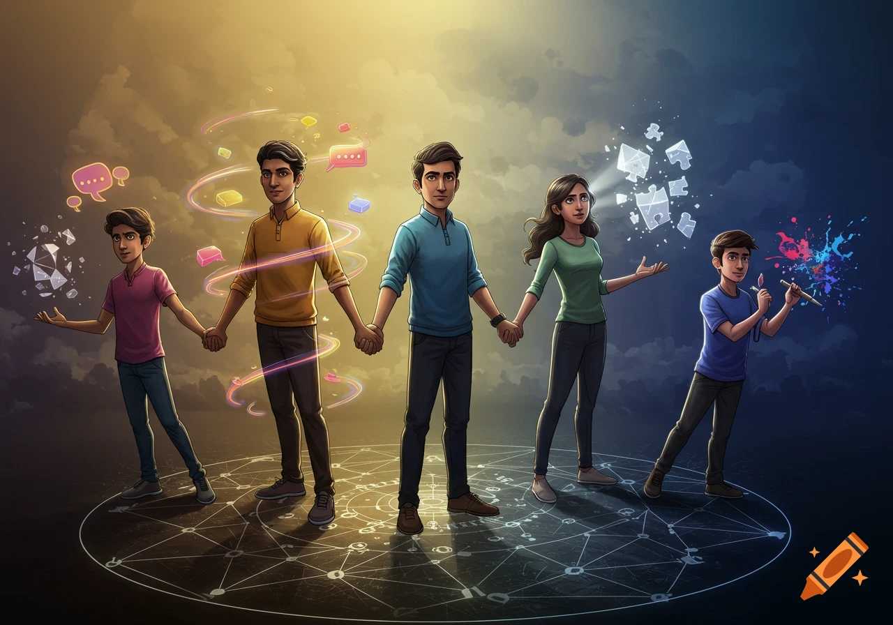 Five cartoon-style characters, four boys and one girl, holding hands on a circular diagram. They represent skills: communication (speech bubbles), teamwork (intertwined lines), problem-solving (puzzle pieces), critical thinking, and creativity (paint splashes).