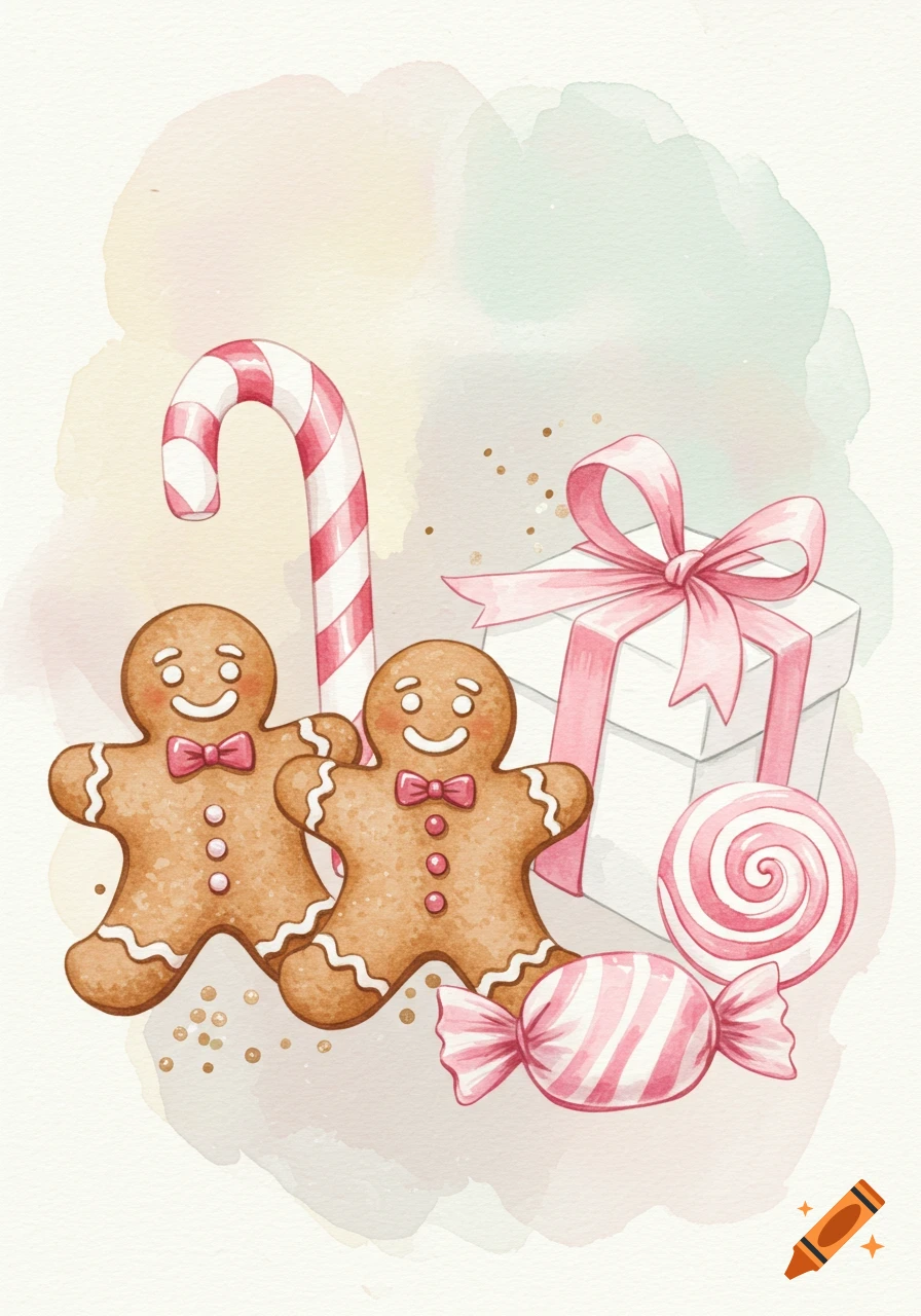 Delicate watercolor illustration of two gingerbread men, a candy cane, a gift box with pink ribbon, and various pink candies.