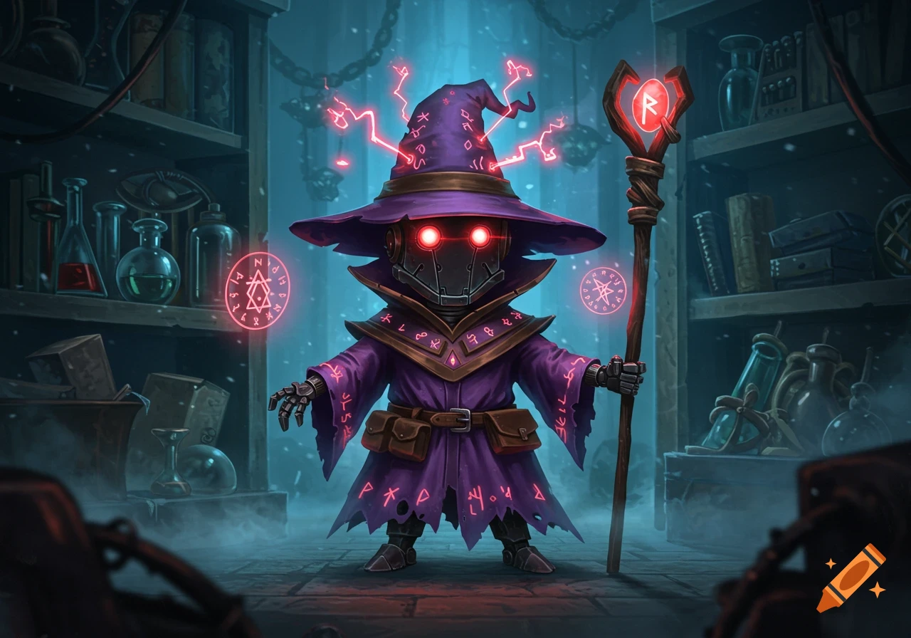 A small, purple-robed robot wizard with glowing red eyes and a pointed hat stands in a dimly lit, cluttered alchemist's lab, holding a glowing staff.
