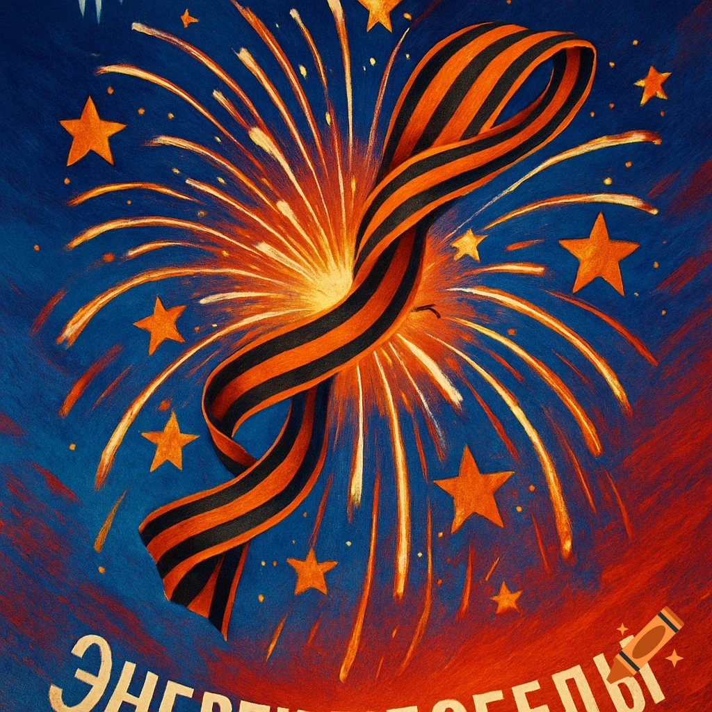 A St. George ribbon with orange and black stripes floats over bright orange fireworks and golden stars against a blue and red background.