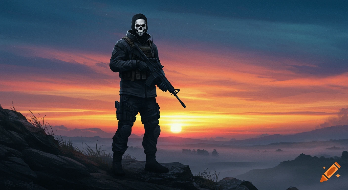 A soldier in a skull mask holding a rifle stands on a hill with a dramatic sunrise behind him.