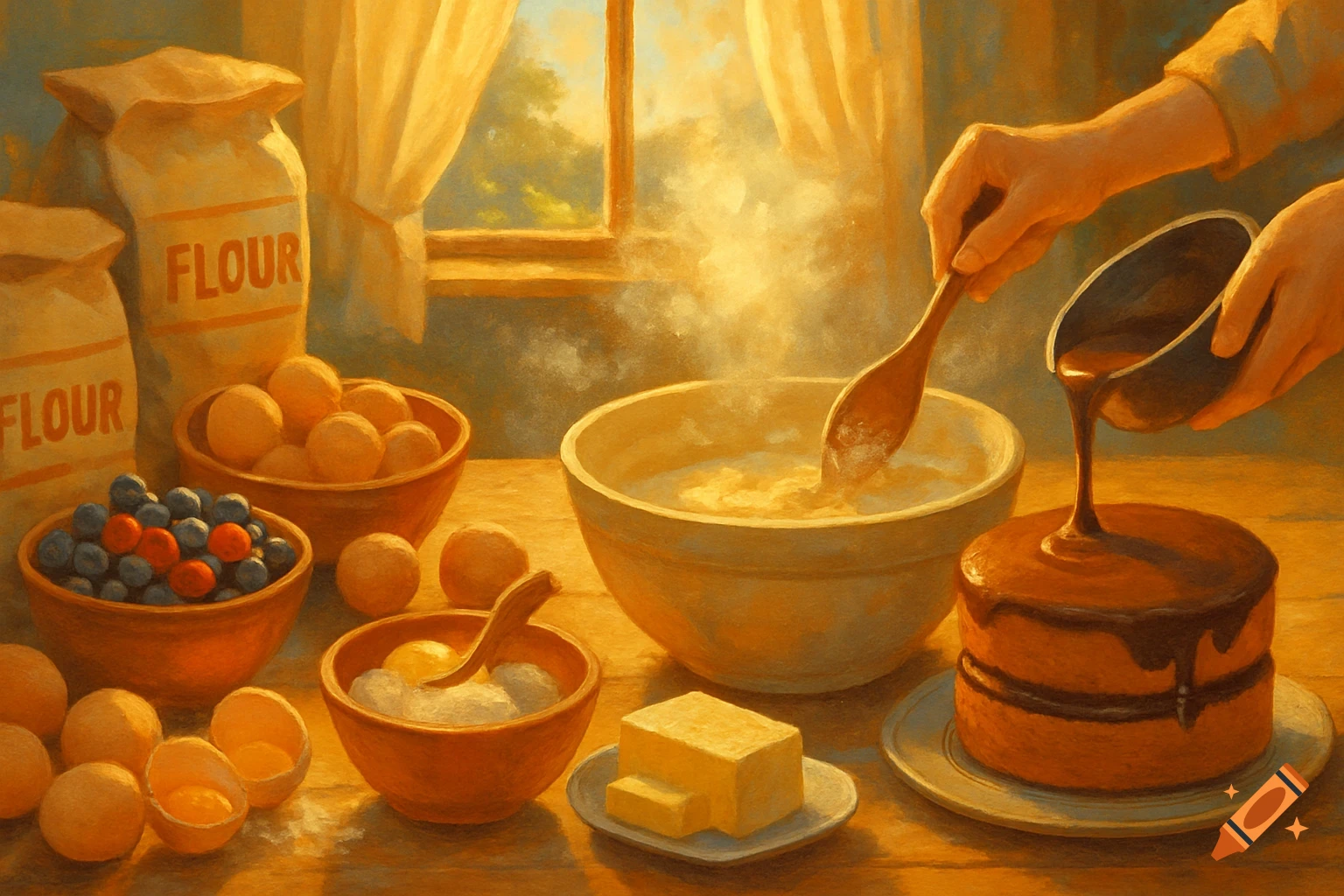A person bakes a cake in a painterly style, with flour bags, eggs, blueberries, and butter on a table, and chocolate being poured onto a cake.