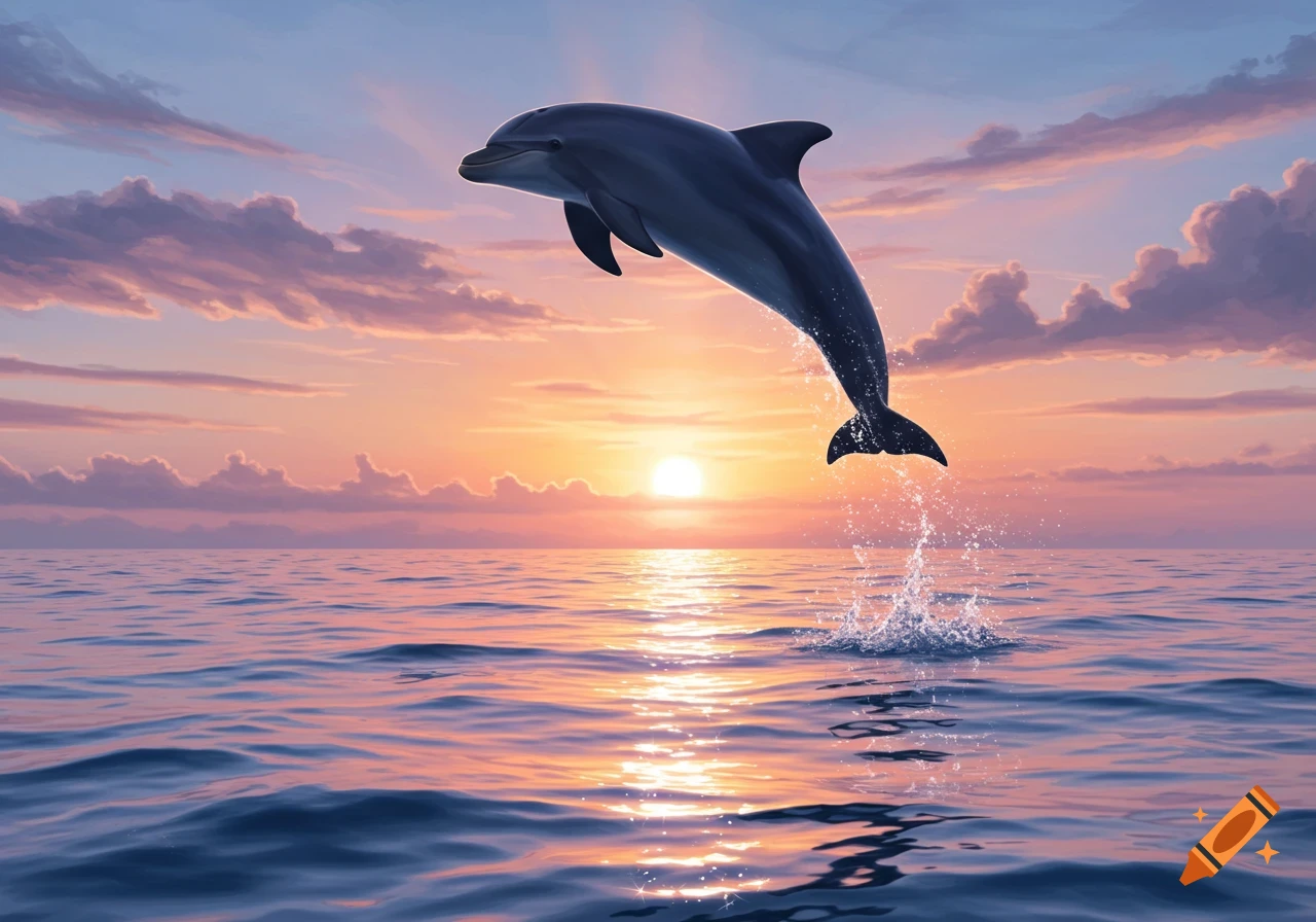 A dolphin leaps out of the water at sunset, creating splashes on the calm ocean surface.