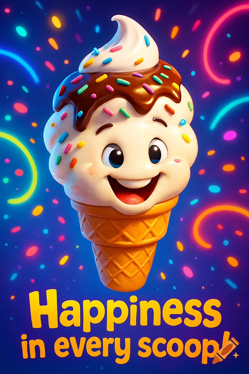 A cheerful Pixar-style ice cream cone with chocolate syrup and colorful sprinkles smiles on a bright blue background with neon lights. Text reads 'Happiness in every scoop!'