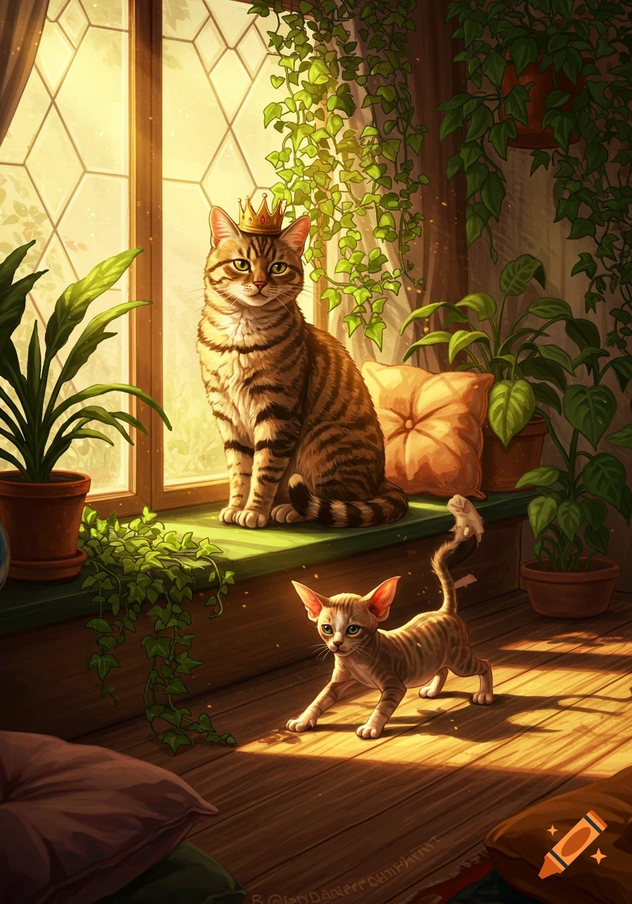 A detailed illustration shows a large tabby cat with a crown sitting on a sunlit window sill, with a skinny kitten on the wooden floor.