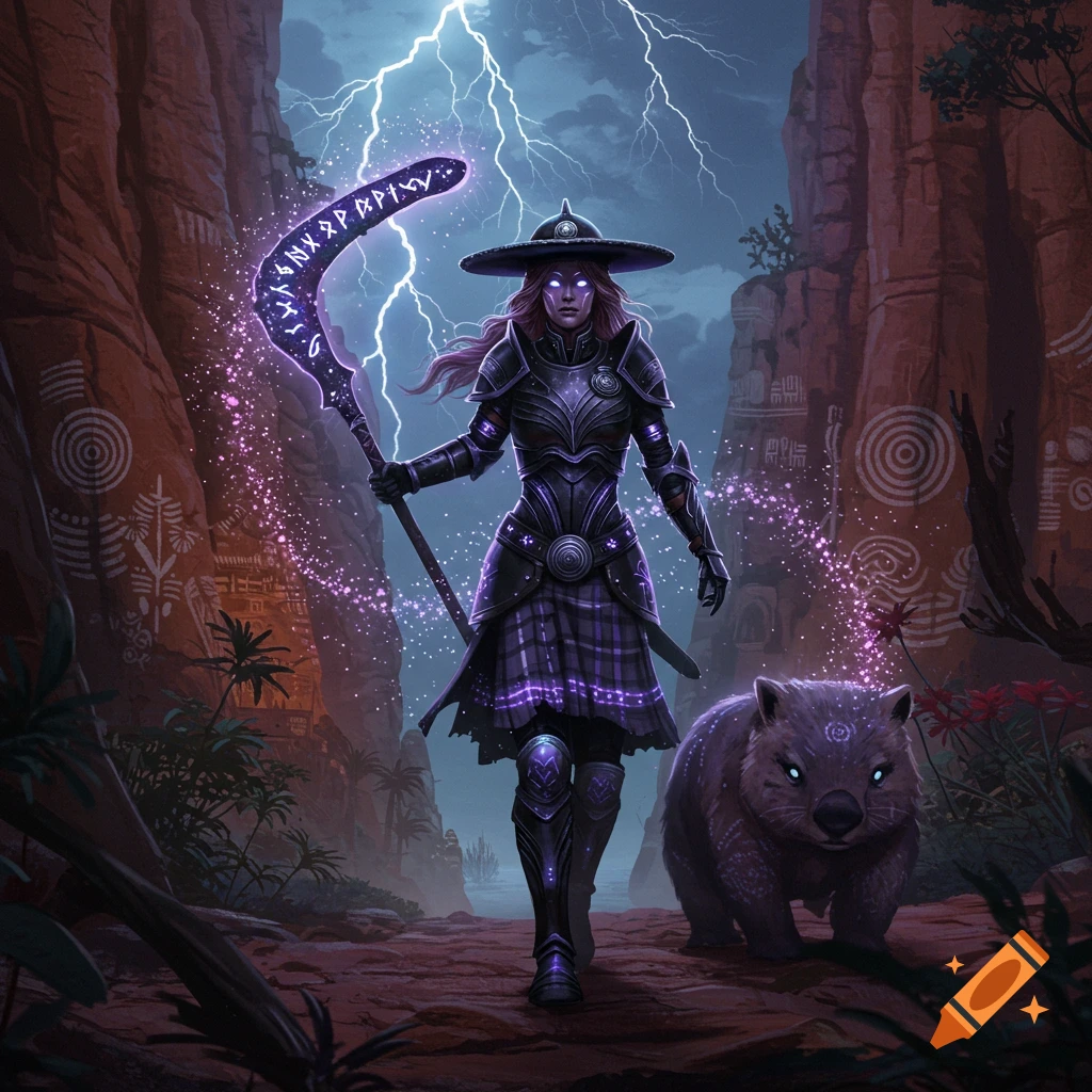 A female warrior in dark, glowing armor and a kilt, holding a magical boomerang, walks through a canyon with a glowing wombat under lightning. Digital art.