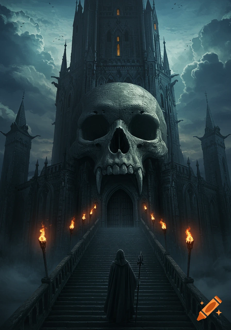 A robed figure stands at the base of a grand staircase leading to a towering gothic castle with a massive skull as its entrance, under a stormy sky.