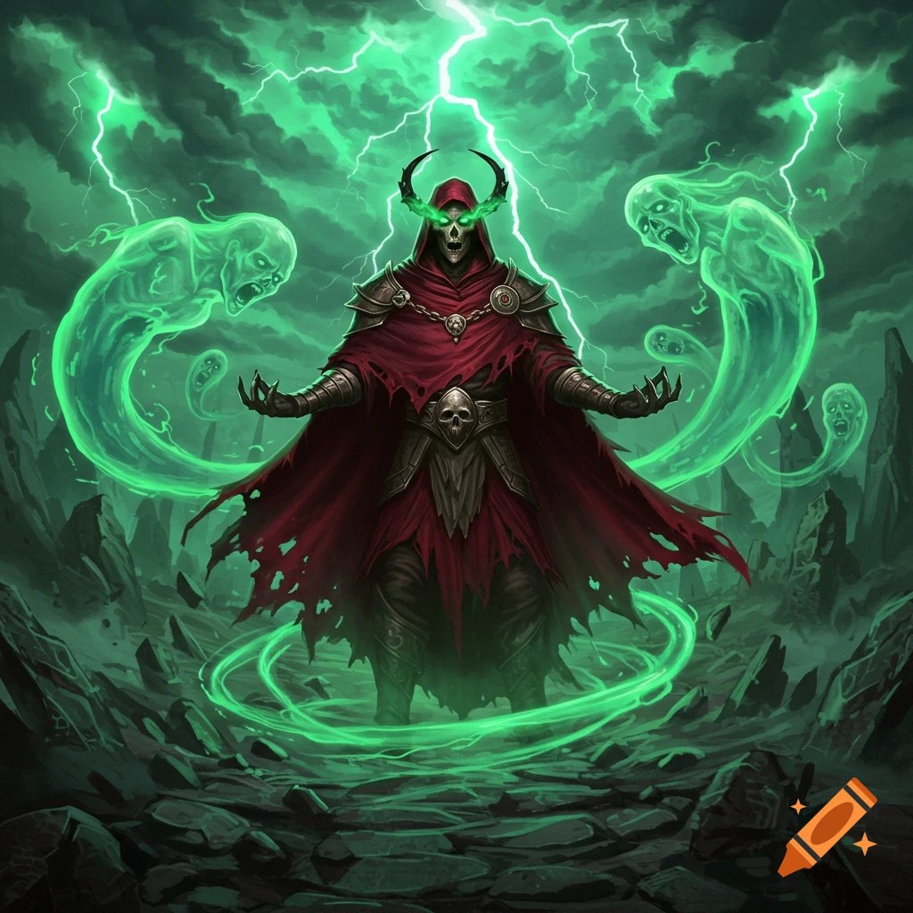 A skeletal sorcerer in a tattered red cloak stands among green lightning and swirling spectral ghosts in a dark fantasy style.