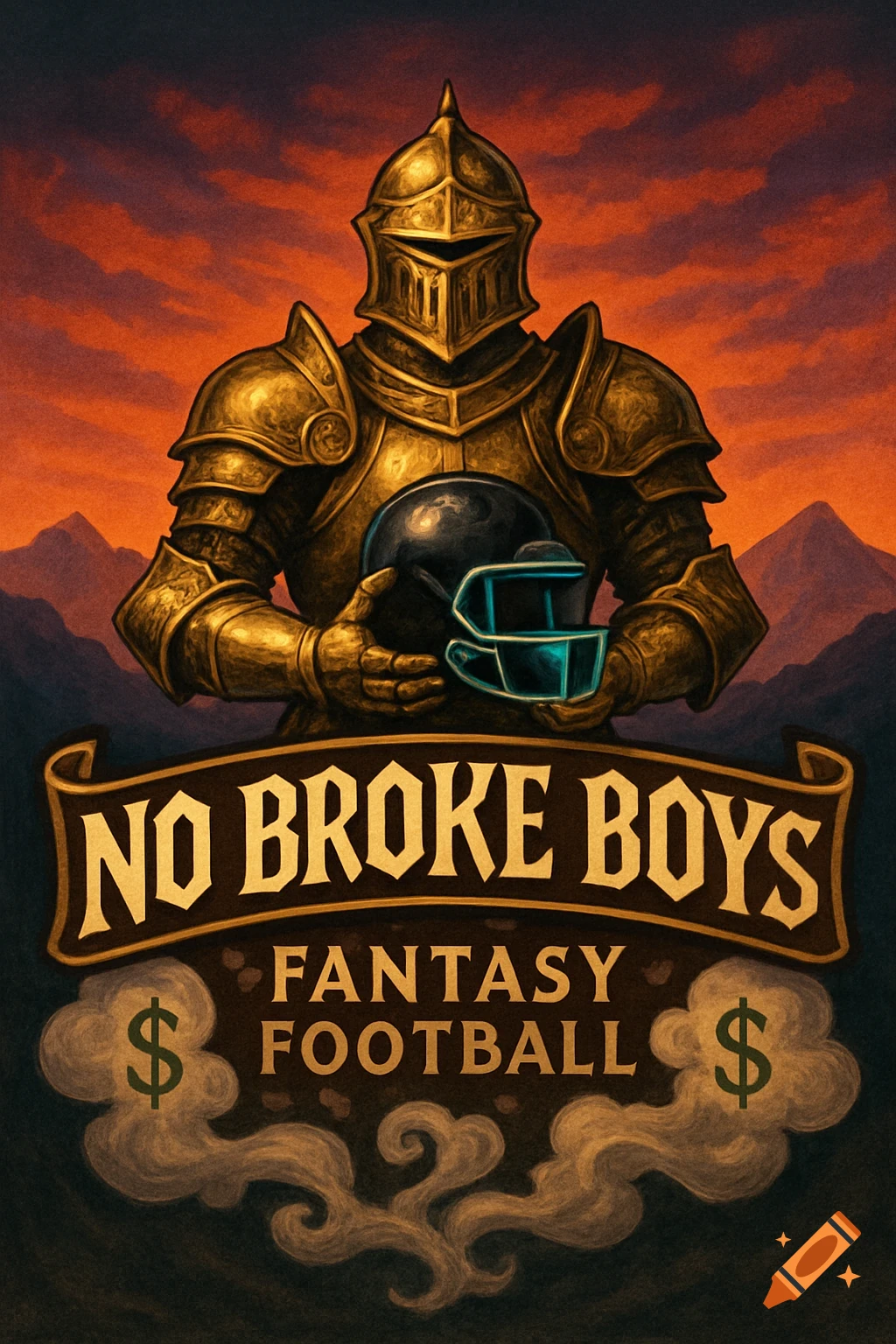 Golden knight in armor holding a football helmet against a sunset sky, with a banner reading 'NO BROKE BOYS FANTASY FOOTBALL' and dollar signs.