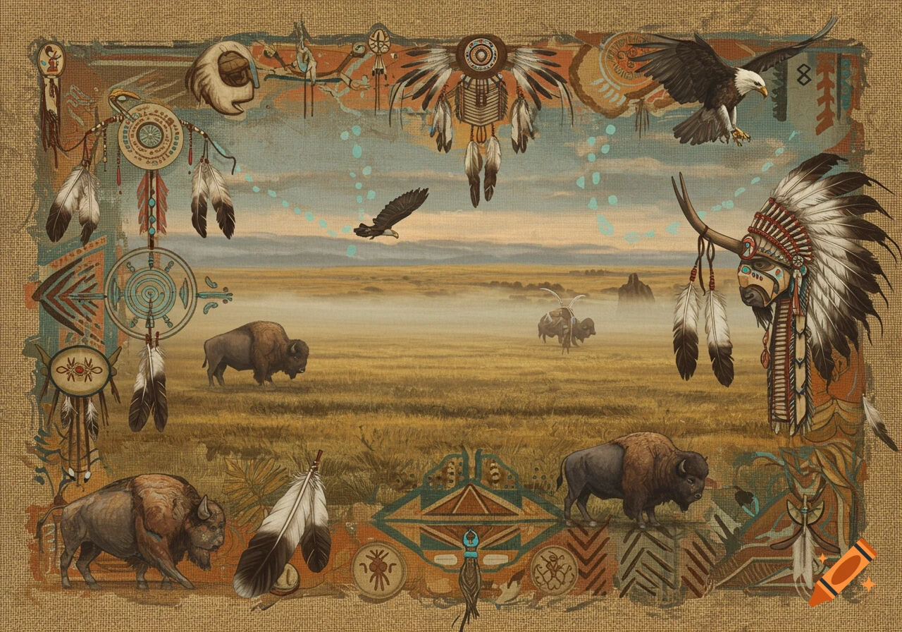 A painting depicting a landscape with bison and eagles, framed by ornate Native American-inspired symbols, dreamcatchers, and headdresses. The style is muted and hand-drawn.