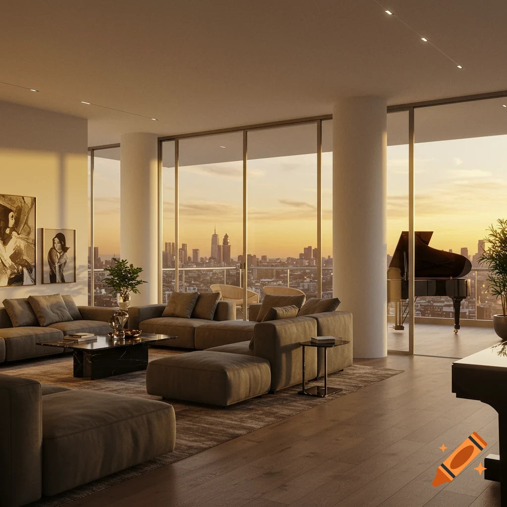 Photorealistic modern luxury penthouse living room with a grand piano and large windows overlooking a city skyline at sunset.