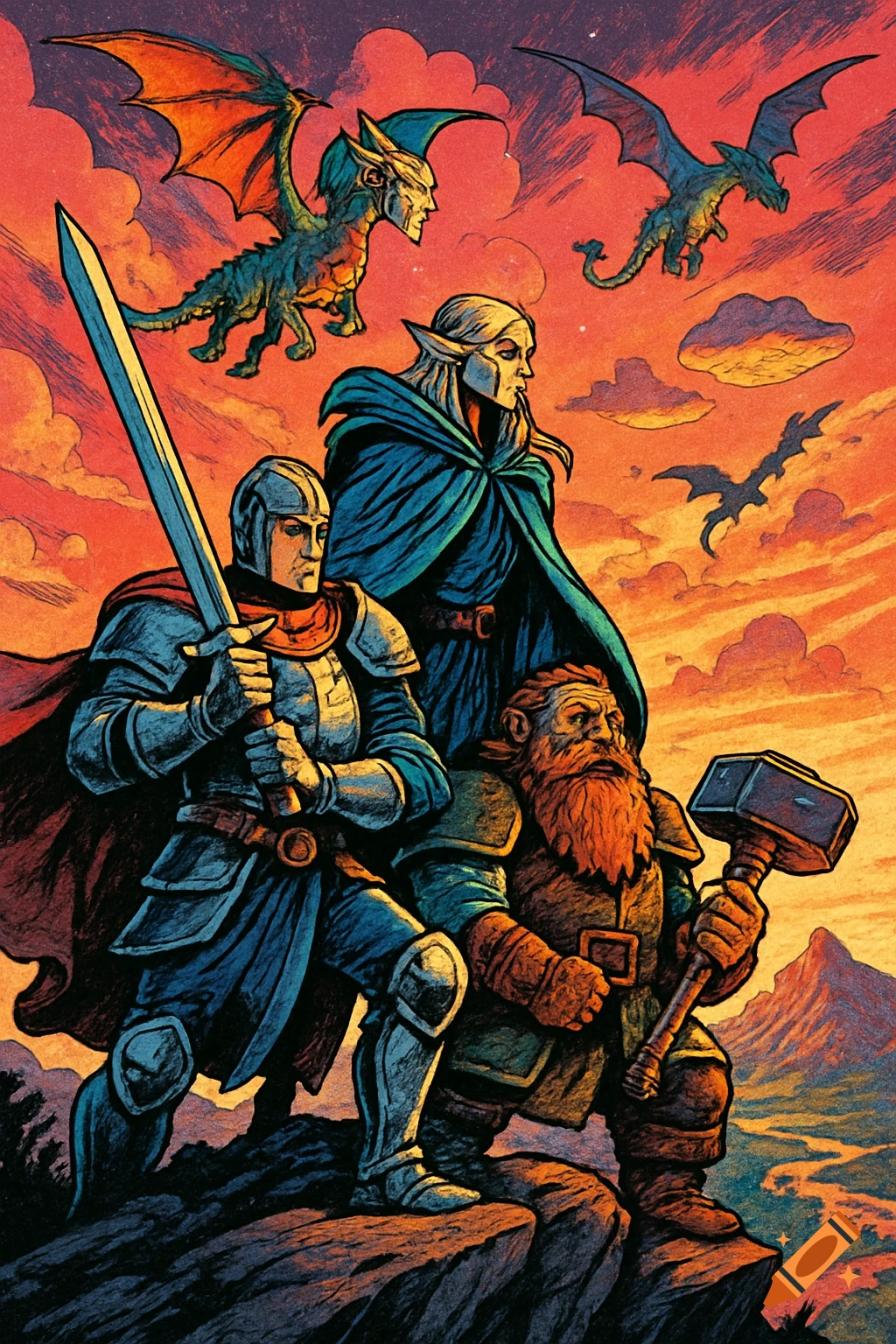 A knight, an elf, and a dwarf stand on a mountain cliff under an orange sky with dragons flying, in a comic book art style.