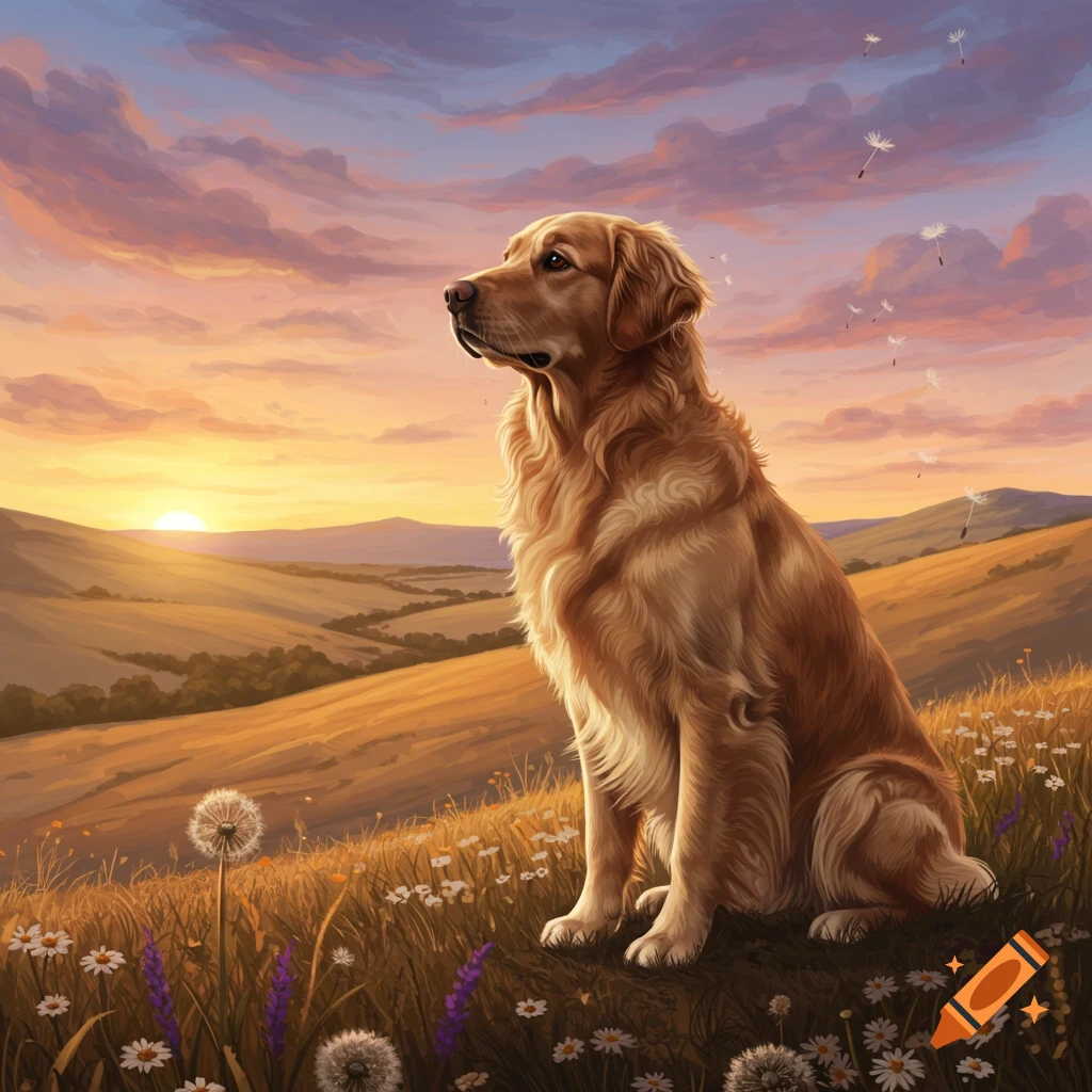 A golden retriever dog sits in a field of wildflowers at sunset, looking out over rolling hills.