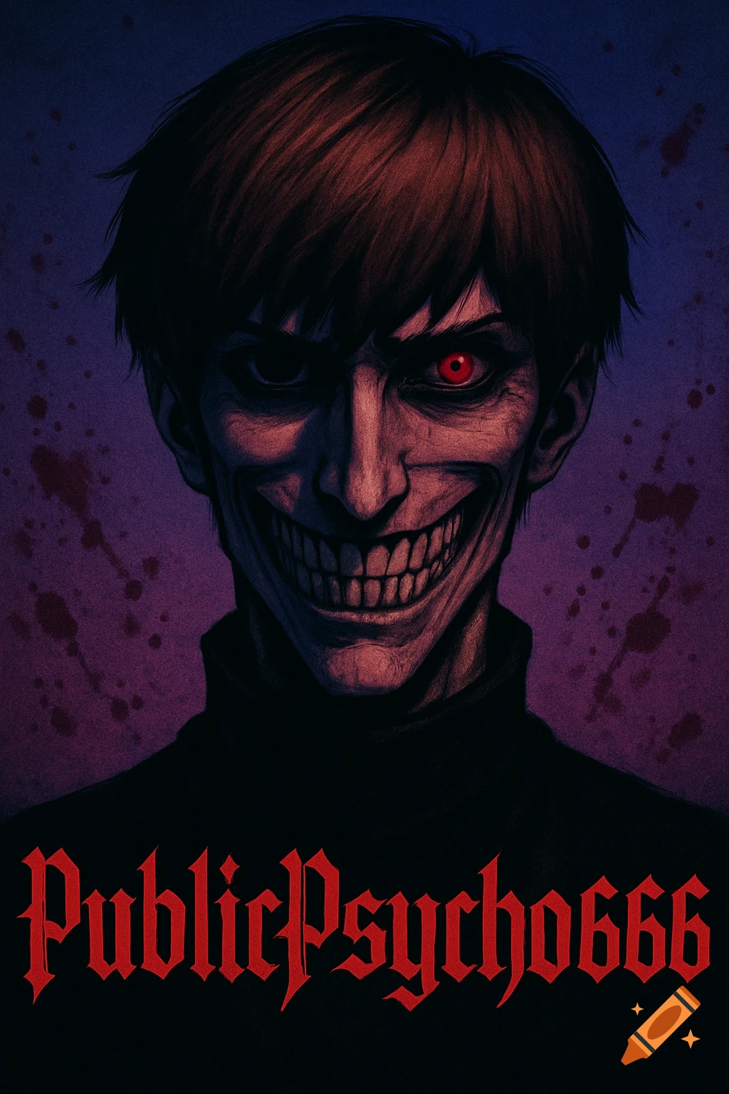 A dark portrait of a grinning man with red eyes, purple background with blood splatters, and 'PublicPsycho666' text.