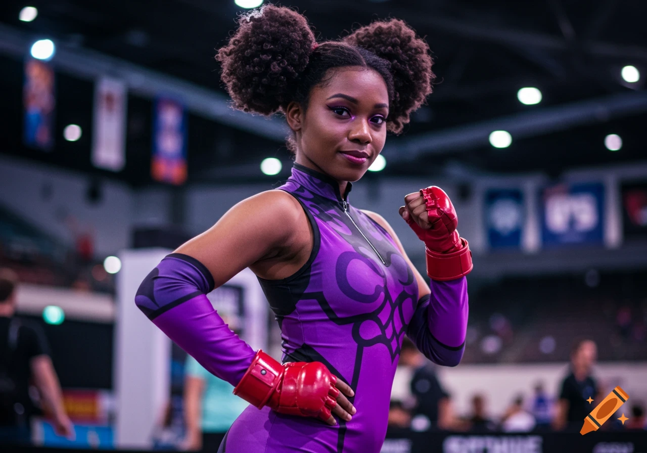 A woman cosplaying Juri Han with Afro space buns and a purple and red costume poses in a bright convention hall.