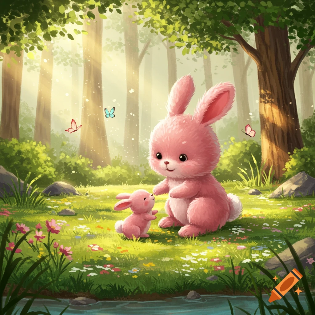 Two cute pink bunnies, one larger and one small, in a sunny, whimsical forest clearing with flowers, butterflies, and a stream.