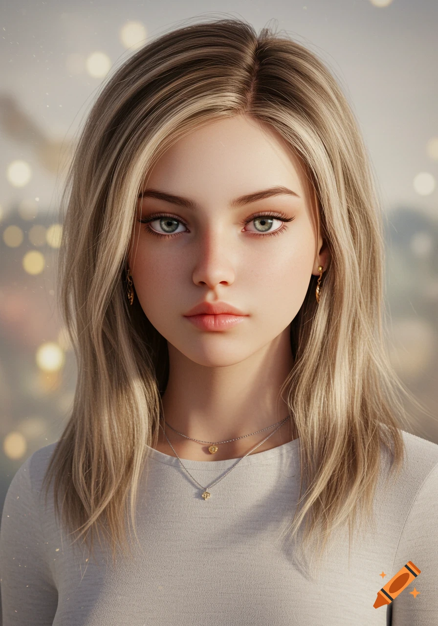 A photorealistic portrait of a young woman with long blonde hair, green eyes, and necklaces, against a bokeh background.