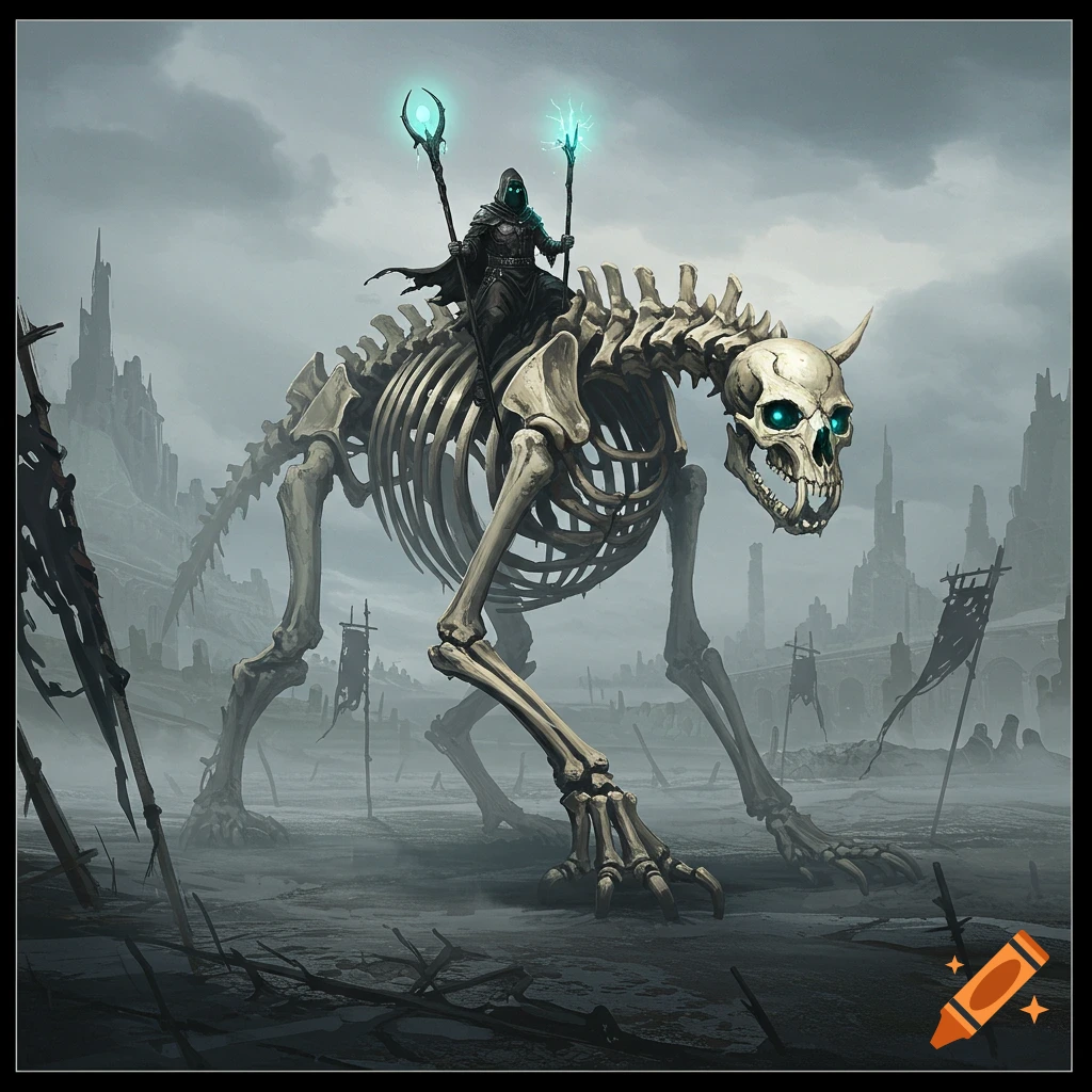 A cloaked dark rider on a massive skeletal creature with glowing eyes in a desolate, ruined landscape under a cloudy sky, dark fantasy style.