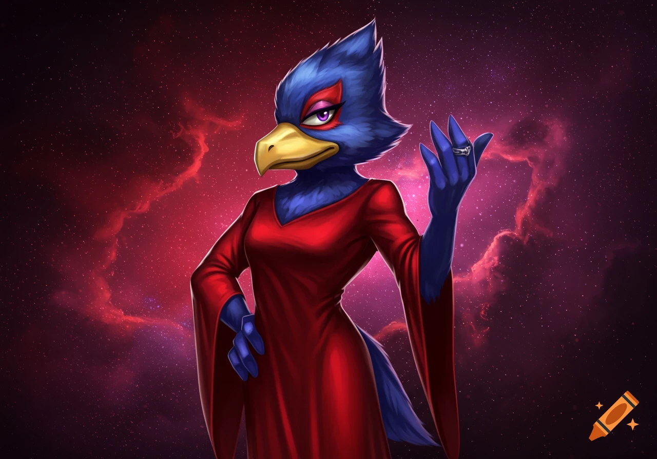 A stylized blue bird-like character in a red dress with a gold beak, purple eyeliner, and a ring on its finger, against a cosmic background.