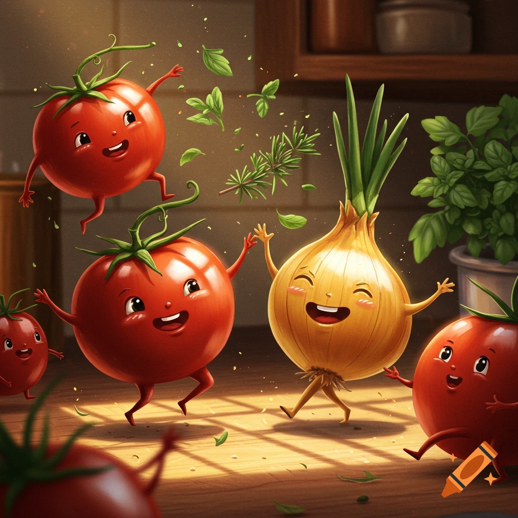Cartoon tomatoes and an onion with faces and limbs dance happily in a kitchen as herbs float around them.