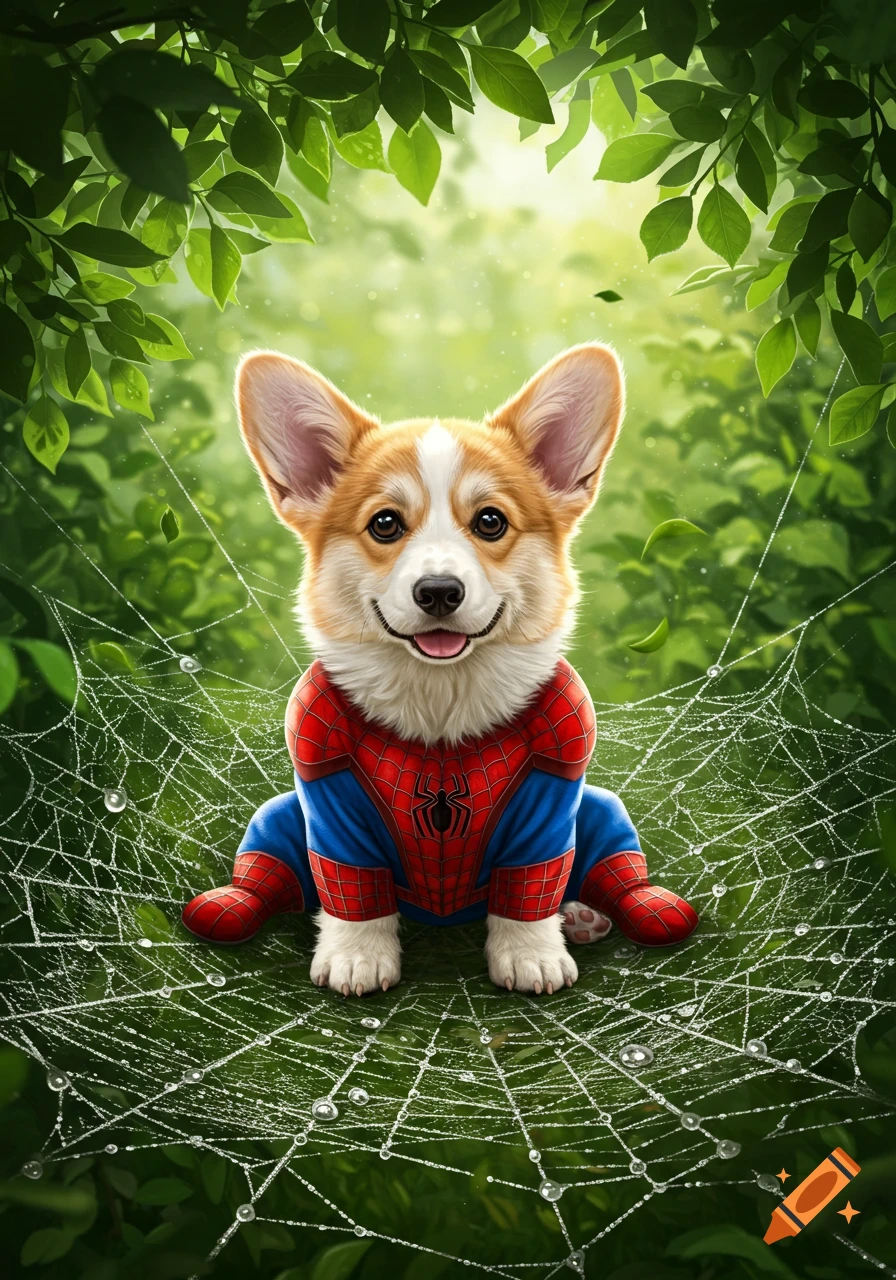 A cute, photorealistic corgi in a Spiderman costume sits smiling in a dew-covered spiderweb surrounded by lush green leaves.