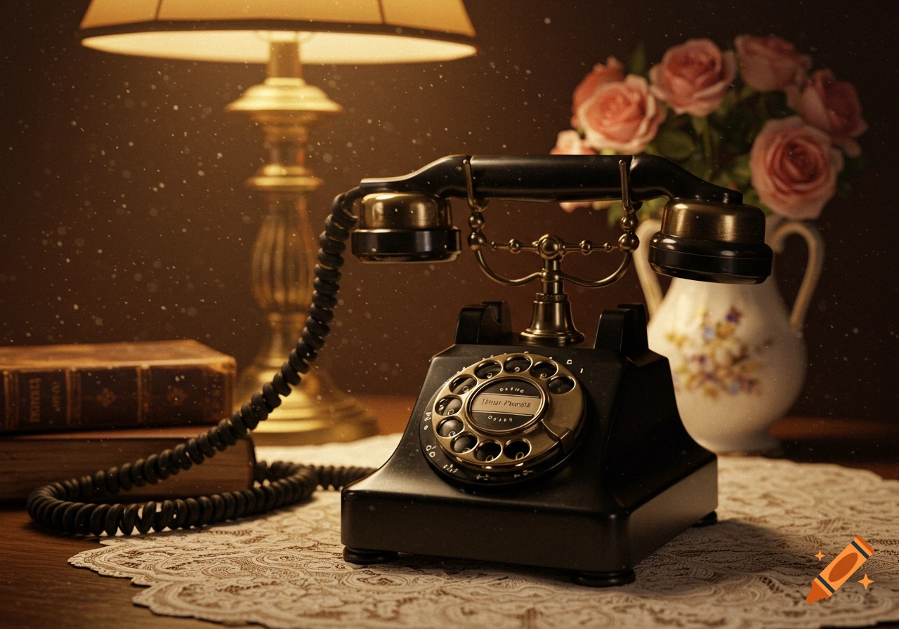 A vintage black rotary telephone sits on a lace doily with old books, a lit lamp, and a vase of pink roses in the background. Dust motes are visible in the lamplight.