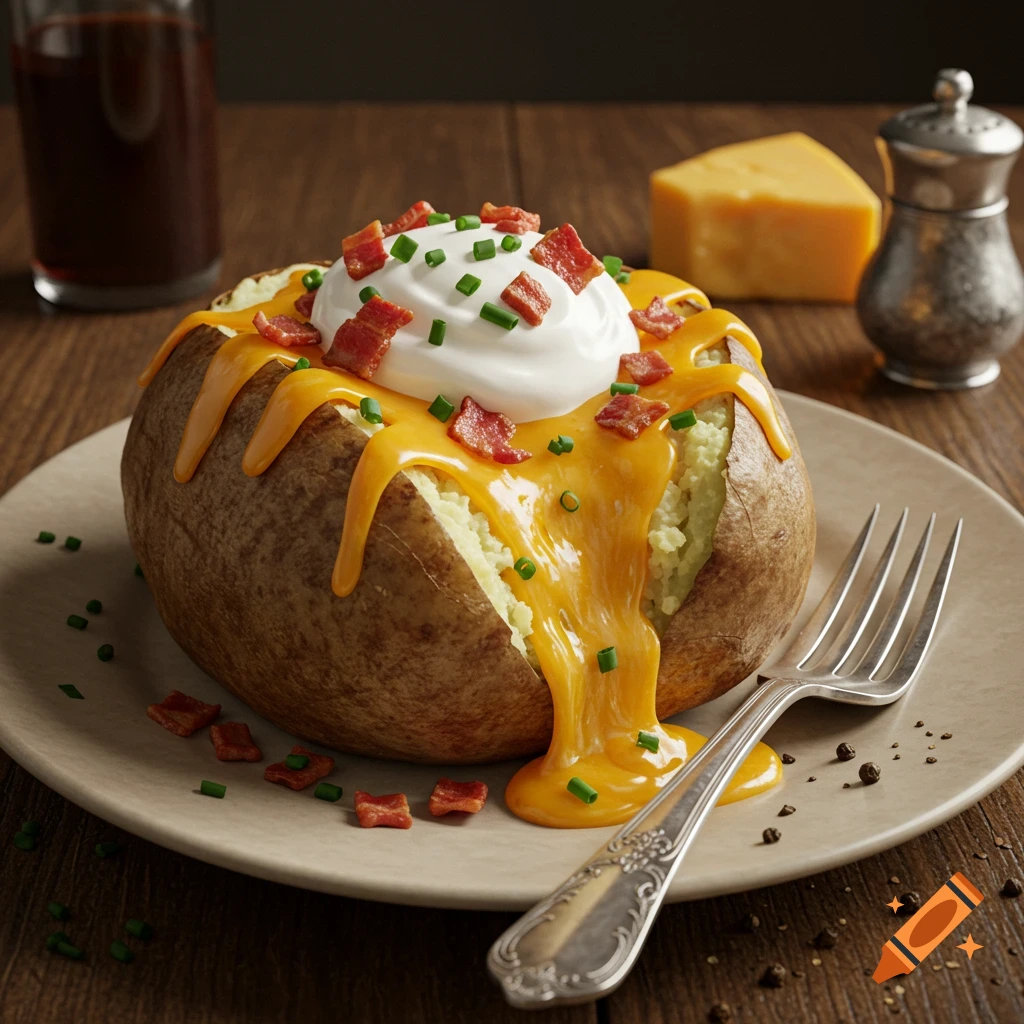 Photorealistic loaded baked potato topped with sour cream, melted cheese, bacon bits, and chives.