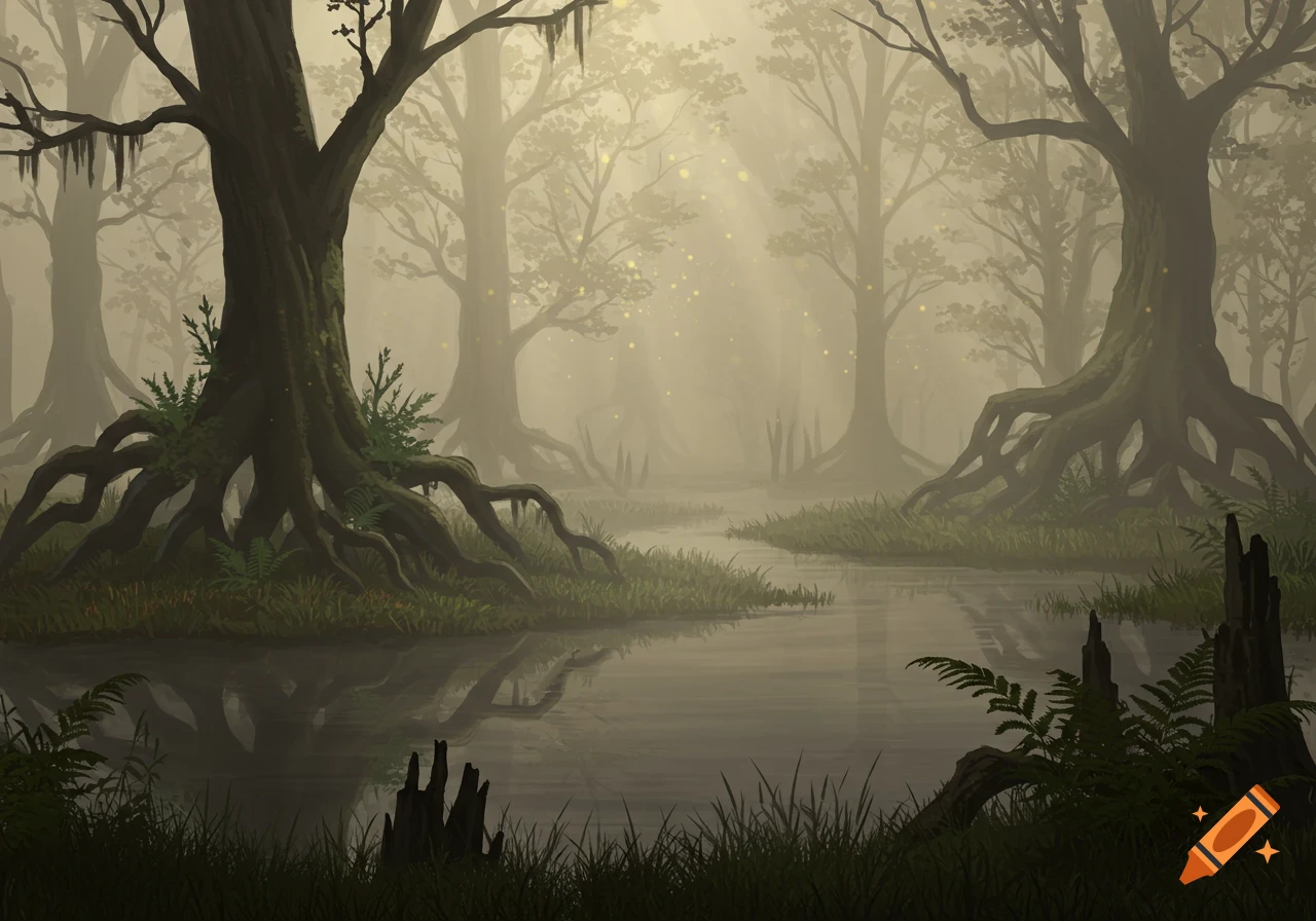 A mystical swamp or bog with large trees, tangled roots, and a body of water reflecting misty, golden light and glowing specks.