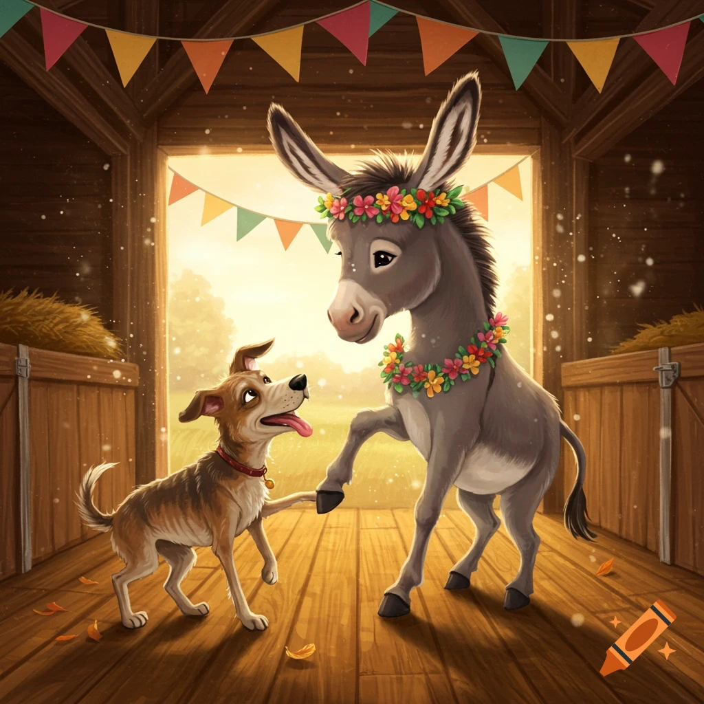 A cartoon donkey wearing flower crowns dances with a happy dog in a barn with colorful banners.