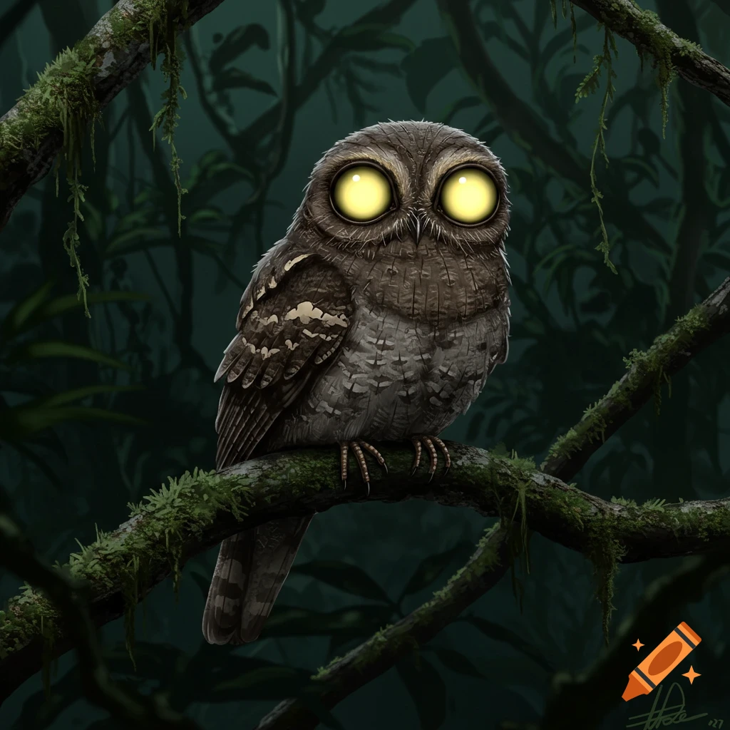 A stylized Potoo bird with large, glowing yellow eyes perches on a moss-covered branch in a dark, dense jungle.
