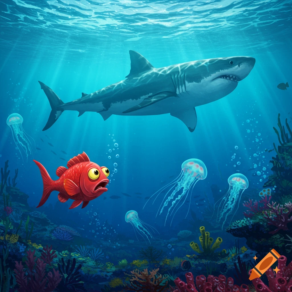A cartoon red fish with wide yellow eyes looks terrified as a great white shark swims above it in a vibrant underwater coral reef with jellyfish.