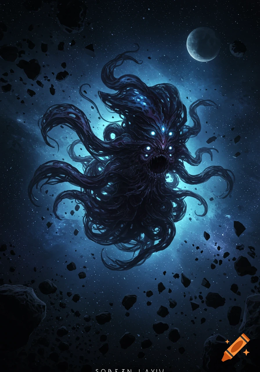 A monstrous, multi-eyed creature with tentacles floats in dark space among asteroids, bathed in blue light.