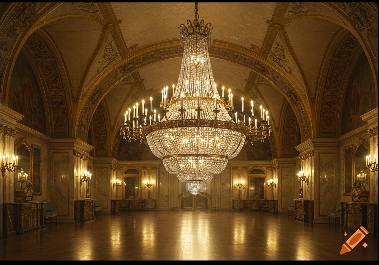 A grand hall with a large crystal chandelier, intricate gold molding, marble walls, and polished wooden floors reflecting light.