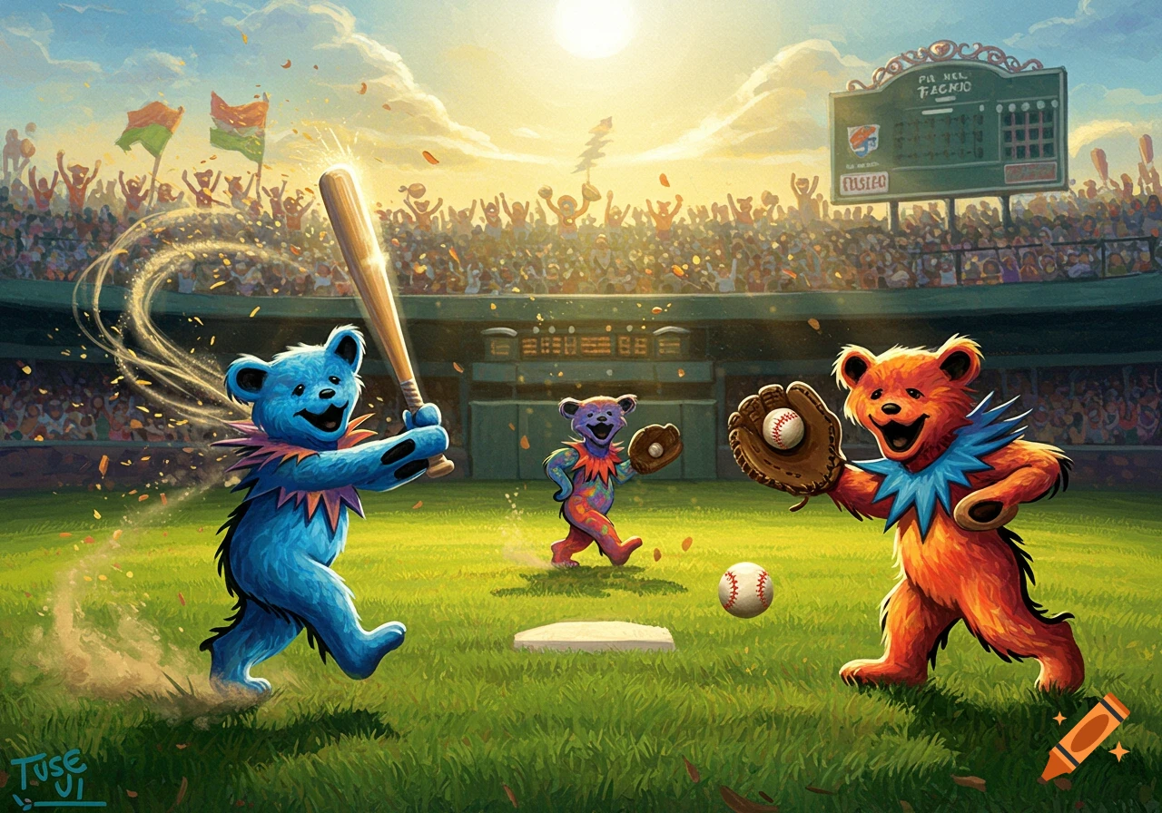 Colorful cartoon Grateful Dead bears playing baseball in a stadium at sunset.