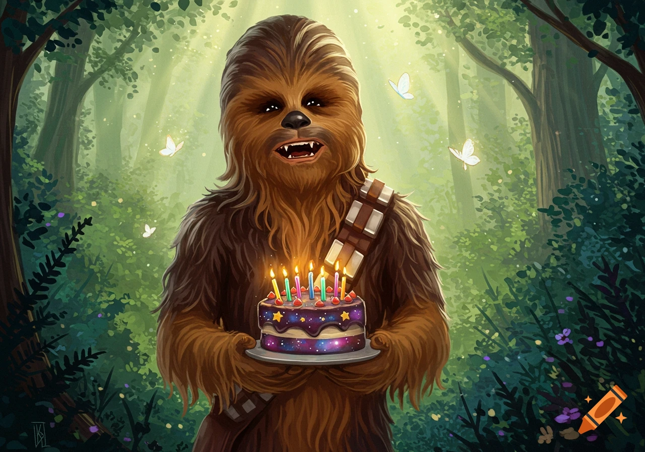 Illustrated Chewbacca holds a lit birthday cake in a sun-dappled forest with butterflies.